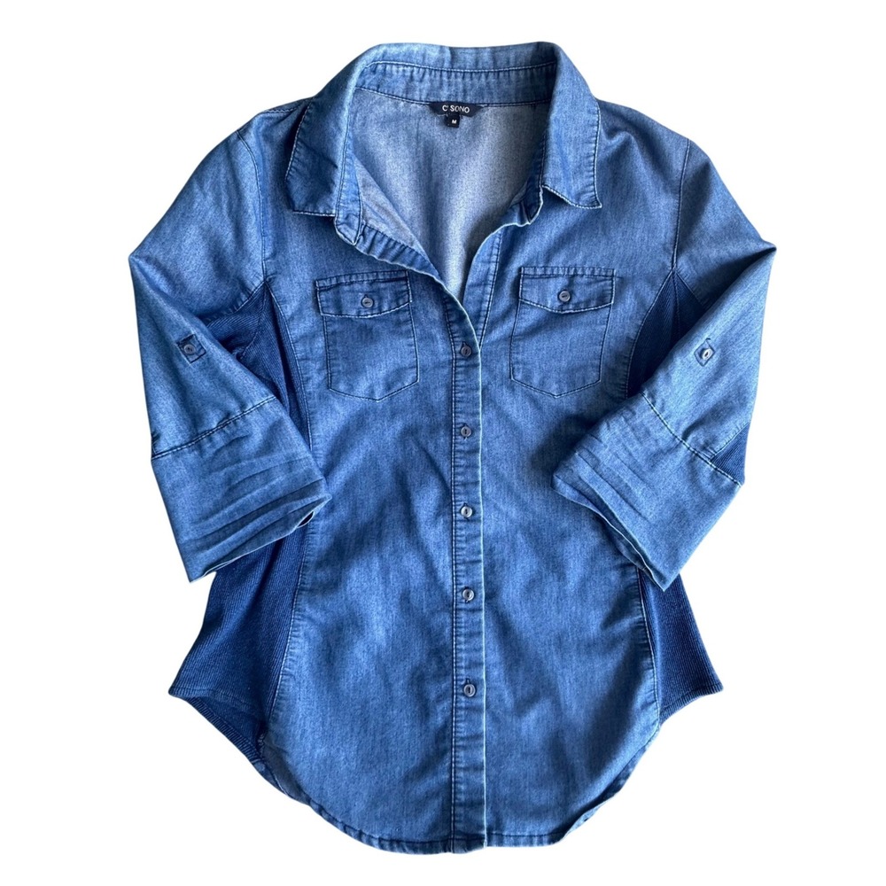 Ci Sono Womens Denim Button Down Shirt Medium Wash Ribbed Side Panels Size M